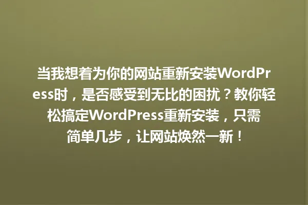 当我想着为你的网站重新安装WordPress时,是否感受到无比的困扰?教你轻松搞定WordPress重新安装,只需简单几步,让网站焕然一新! 一