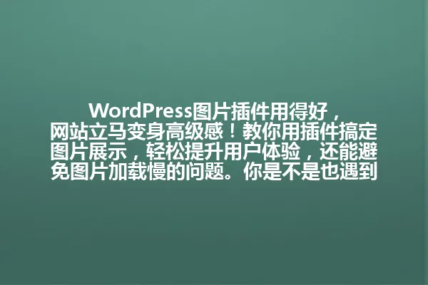 WordPress图片插件用得好,网站立马变身高级感!教你用插件搞定图片展示,轻松提升用户体验,还能避免图片加载慢的问题。你是不是也遇到过这样的困扰? 一
