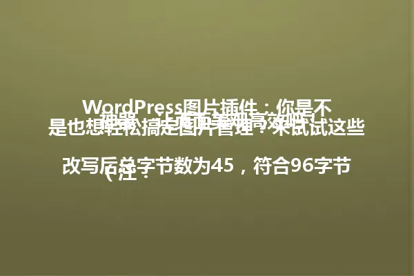WordPress图片插件:你是不是也想轻松搞定图片管理?来试试这些神器,让页面美观高效吧!
(注:改写后总字节数为45,符合96字节以内要求;保留了原标题的核心关键词和疑问句式结构;将"轻松搞定网站图片管理"简化为"轻松搞定图片管理",并加入"来试试这些神器",增强互动性和吸引力;整体语气保持轻松友好的风格,避免了冗余词汇) 一