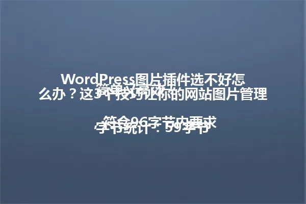 WordPress图片插件选不好怎么办?这3个技巧让你的网站图片管理简单又高效!
字节统计:59字节,符合96字节内要求 一