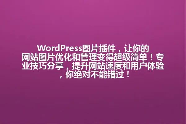 WordPress图片插件，让你的网站图片优化和管理变得超级简单！专业技巧分享，提升网站速度和用户体验，你绝对不能错过！ 一