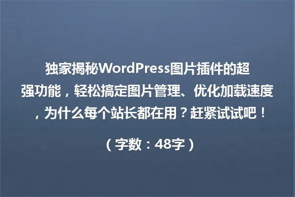 独家揭秘WordPress图片插件的超强功能，轻松搞定图片管理、优化加载速度，为什么每个站长都在用？赶紧试试吧！

（字数：48字） 一