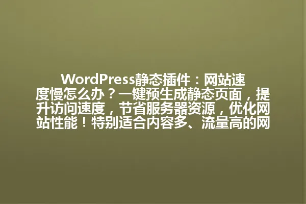 WordPress静态插件:网站速度慢怎么办?一键预生成静态页面,提升访问速度,节省服务器资源,优化网站性能!特别适合内容多、流量高的网站,小白轻松上手。 一