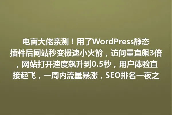 电商大佬亲测！用了WordPress静态插件后网站秒变极速小火箭，访问量直飙3倍，网站打开速度飙升到0.5秒，用户体验直接起飞，一周内流量暴涨，SEO排名一夜之间冲到首页，你还在等什么？ 一